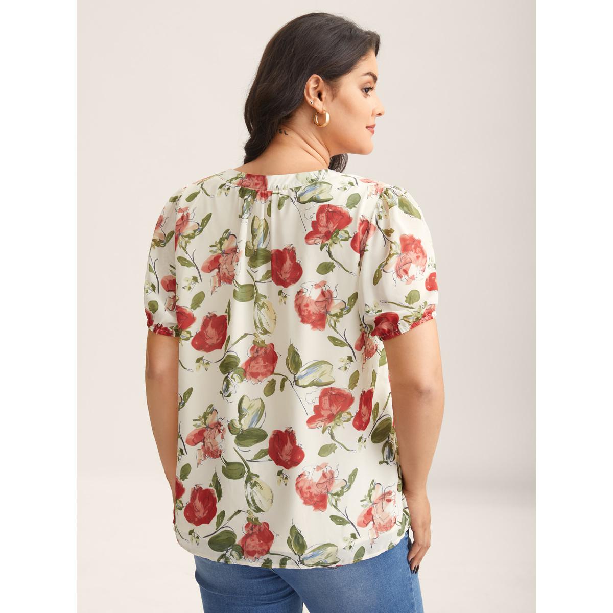 Plus Size Ivory Rosy Print Sheer Notched Collar Blouse Women Short sleeve Flat collar with V-notch Everyday-Elegant Blouses BloomChic 18-20/2X Product Image