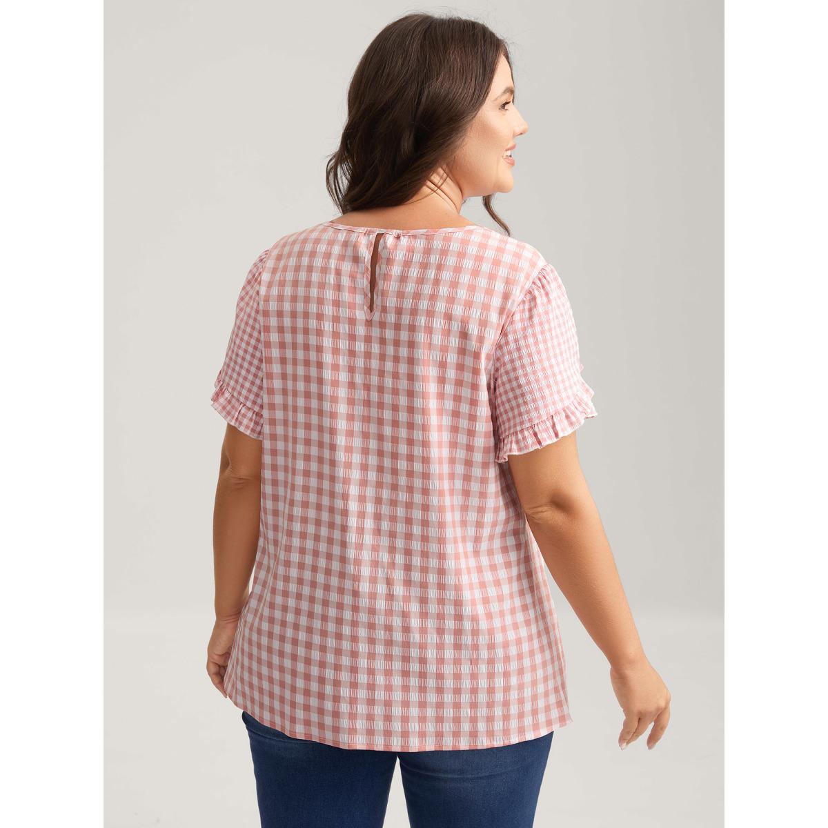 Plus Size Beanpastepowder Sweet Gingham Wrinkled Petal Sleeve Blouse Women Short sleeve Round Neck Everyday-Casual Blouses BloomChic 18-20/2X Product Image