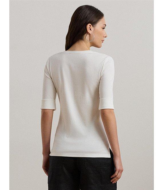 Lauren Ralph Lauren Stretch Cotton V-Neck Elbow Length Sleeve T-Shirt Product Image