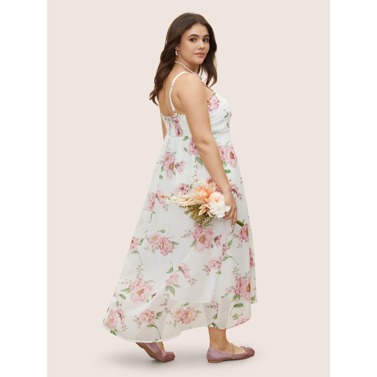 Plus Size Floral Mesh Ruched Adjustable Straps Dress Pink Women Formal Gathered Non Sleeveless Curvy BloomChic 14-16/1X Product Image