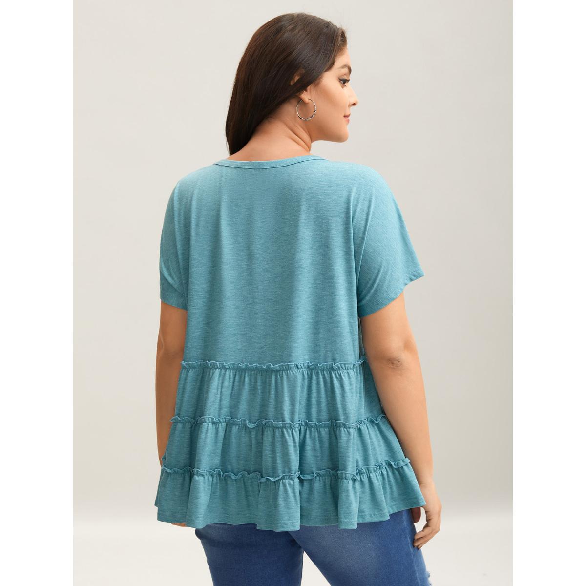 Plus Size Tiered Petal Trim Crew Neck T-Shirt Stone Women Leisure Gathered Round Neck Casual T-shirts BloomChic 18-20/2X Product Image