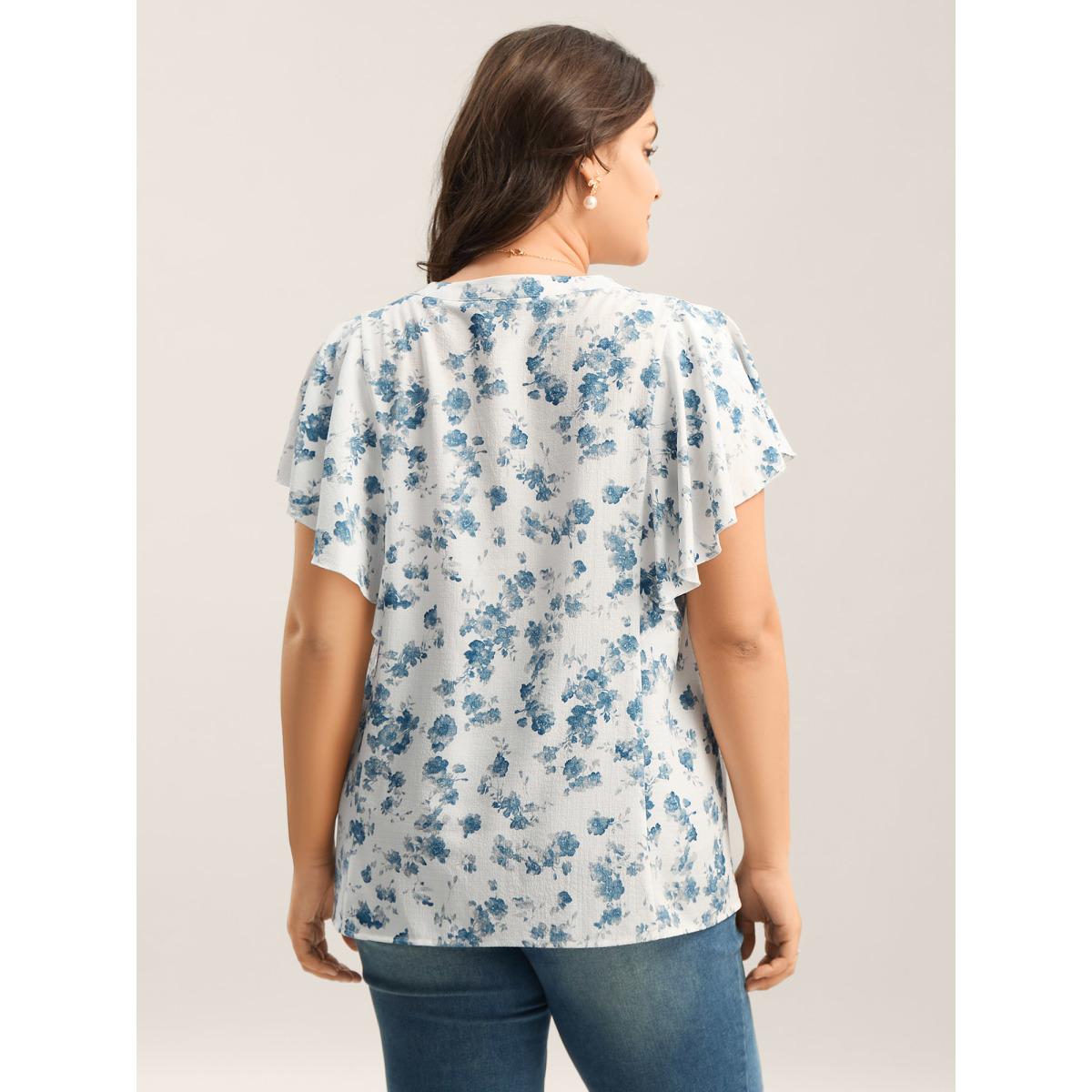 Plus Size Originalwhite Floral Toothpick Pleat Sheer Blouse Women Romantic Short sleeve Notched collar Elegant Blouses BloomChic 14-16/1X Product Image