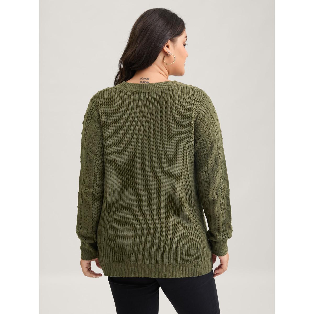 Plus Size Solid Round Neck Cable Knit Pullover ArmyGreen Women Leisure Long Sleeve Round Neck Casual Pullovers BloomChic 26/4X Product Image