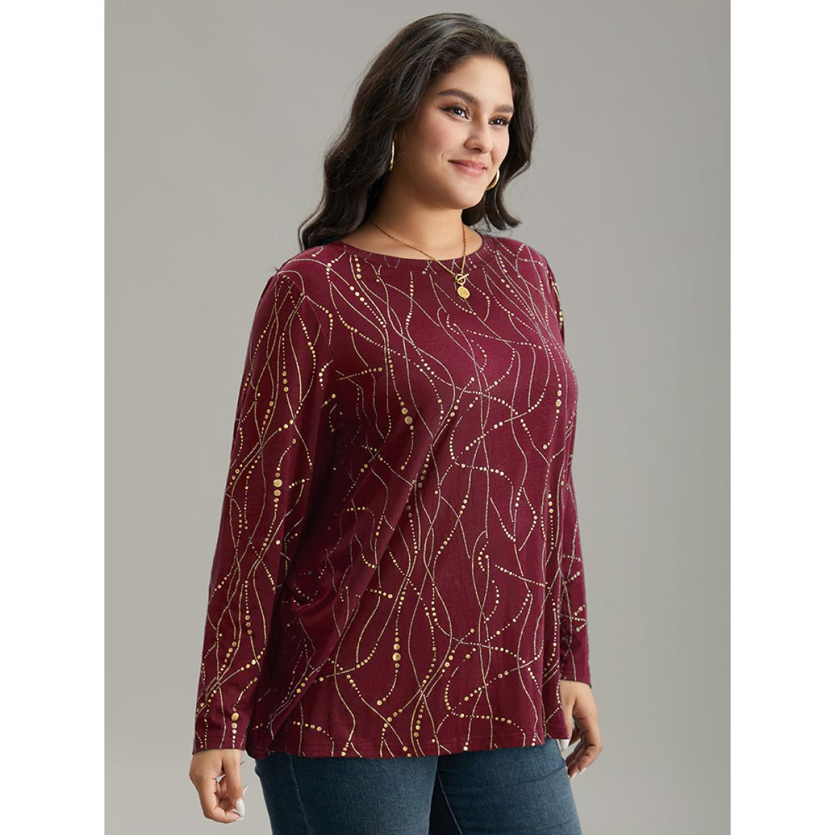 Plus Size Polka Dot Contrast Round Neck T-shirt Burgundy Women Leisure Contrast Polka Dot Round Neck Casual T-shirts BloomChic 10/M Product Image