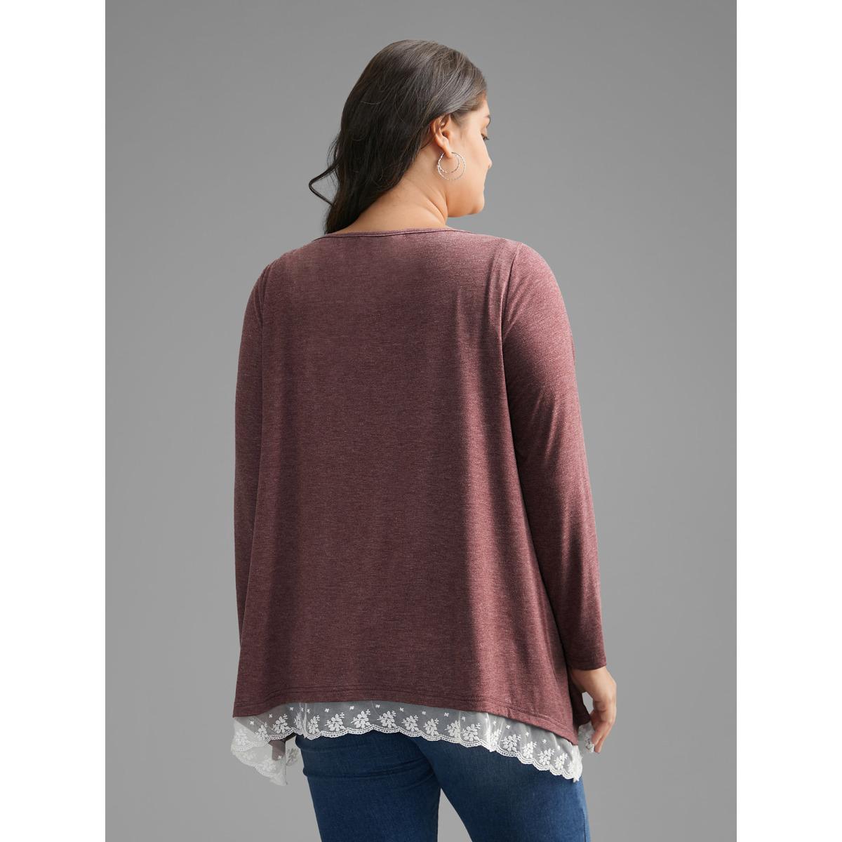 Plus Size Boat Neck Contrast Lace Panel T-shirt Deepred Women Casual Contrast Boat Neck Loose Everyday T-shirts BloomChic 10/M Product Image