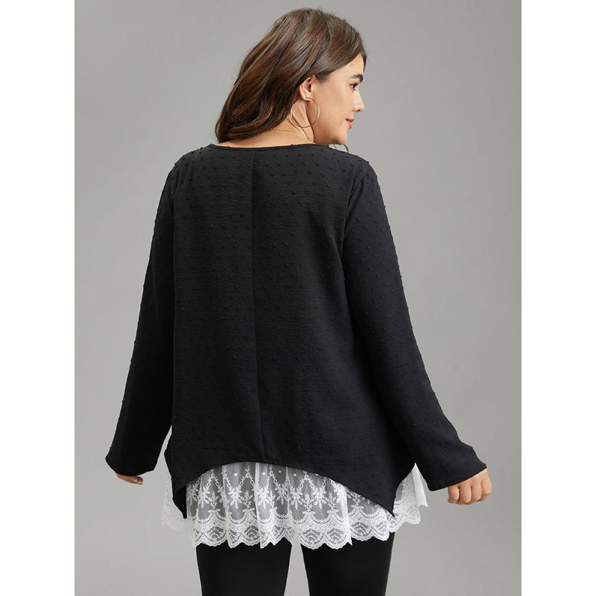 Plus Size Black Crochet Lace Mesh Polka Dot Asymmetrical Hem Blouse Women Elegant Long Sleeve Round Neck Everyday Blouses BloomChic 26/4X Product Image