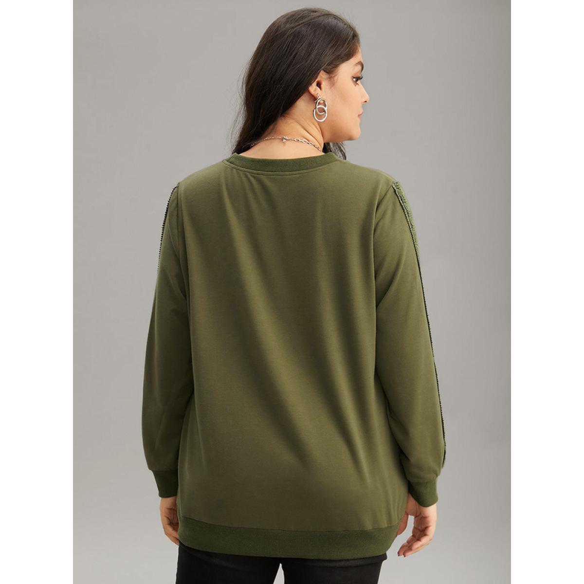 Plus Size Guipure Lace Solid Elastic Hem Sweatshirt Women Olive Elegant Rib Knit Round Neck Dailywear Sweatshirts BloomChic 28/5X Product Image
