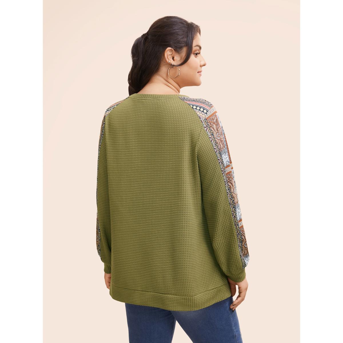 Plus Size Boho Print Patchwork Waffle Knit Crew Neck Sweatshirt Women ArmyGreen Leisure Elastic cuffs Round Neck Casual Sweatshirts BloomChic 22-24/3X Product Image