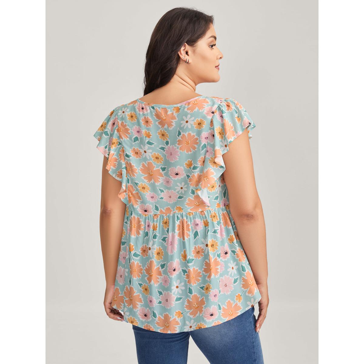 Plus Size Greenbean Floral Print Ruffled Sleeve Blouse Women Cap Sleeve Flat collar with V-notch Casual Blouses BloomChic 18-20/2X Product Image