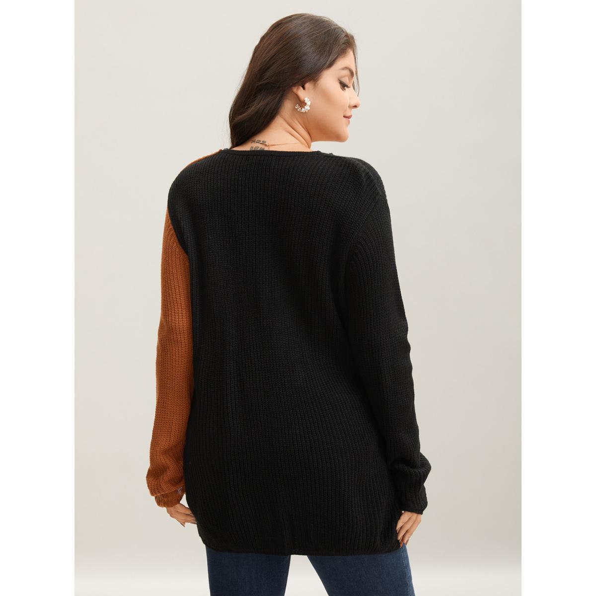 Plus Size Colorblock Contrast Pointelle Knit Lace Crisscross Knit Top Chocolate Women Elegant Loose Long Sleeve Deep V-neck Dailywear Pullovers BloomChic 30/6X Product Image