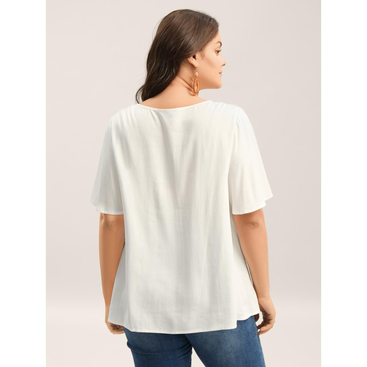 Plus Size WhiteSmoke Stretchy Boho Neck Cut-Out Blouse Women Boho Short sleeve Round Neck Vacation Blouses BloomChic 22-24/3X Product Image
