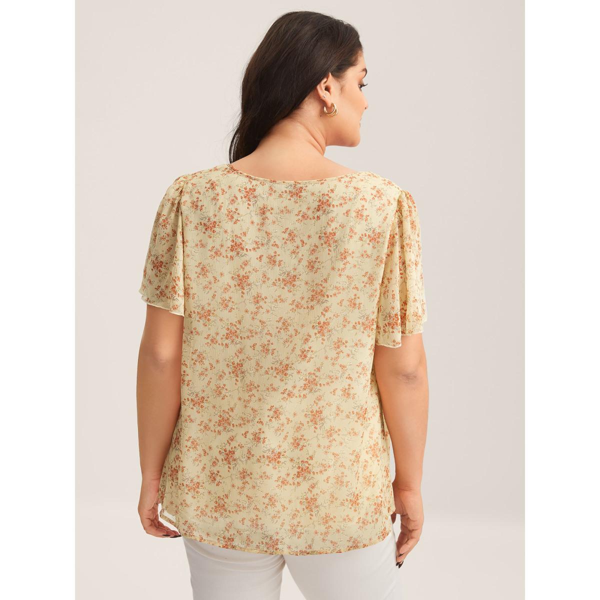 Plus Size Lightyellow Chiffon Floral Print Neck Tie Blouse Women Short sleeve Square Neck Everyday-Elegant Blouses BloomChic 30/6X Product Image