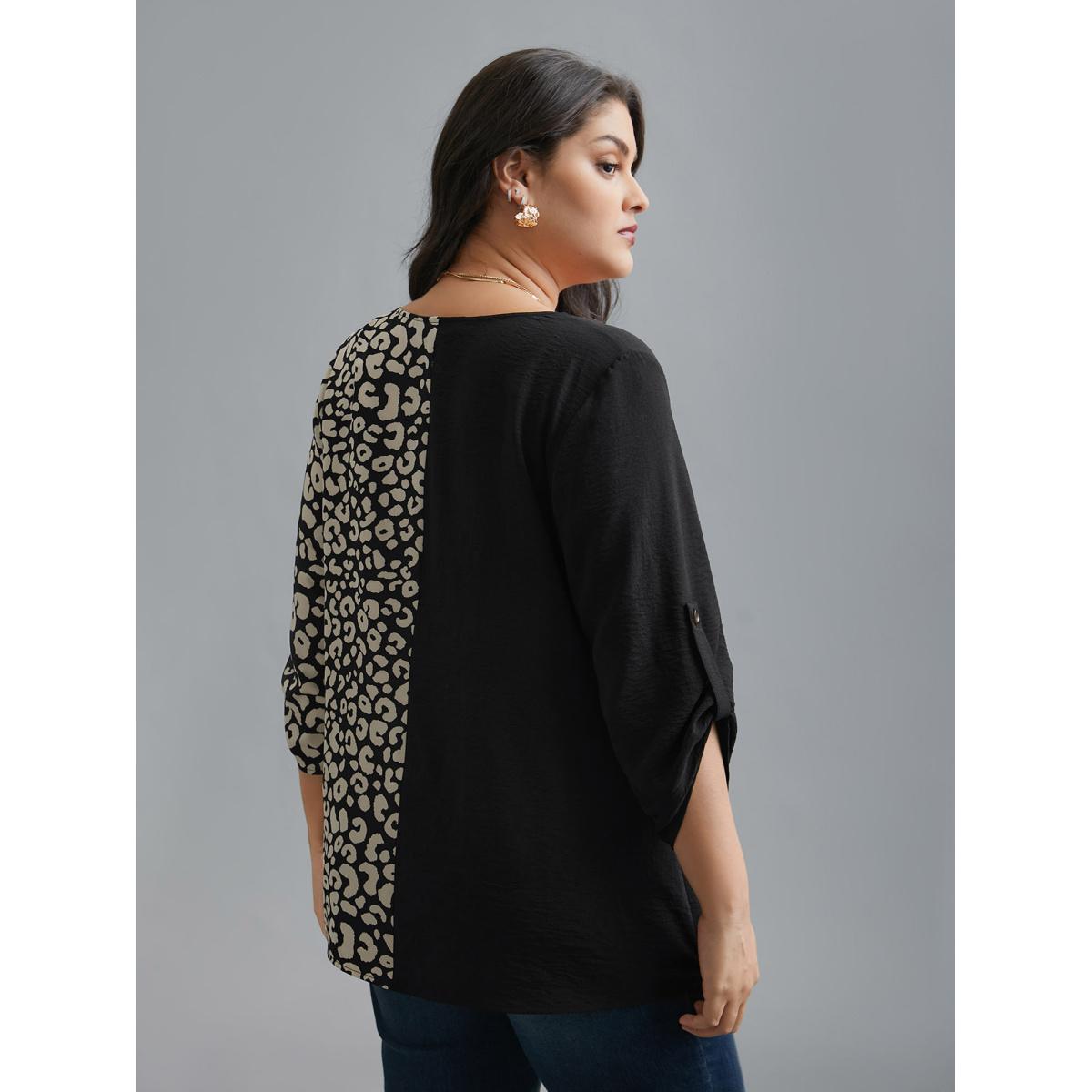Plus Size Black Leopard Print Spliced Tab Sleeve Blouse Women Elegant Extra Long Sleeve V-neck Everyday Blouses BloomChic 22-24/3X Product Image