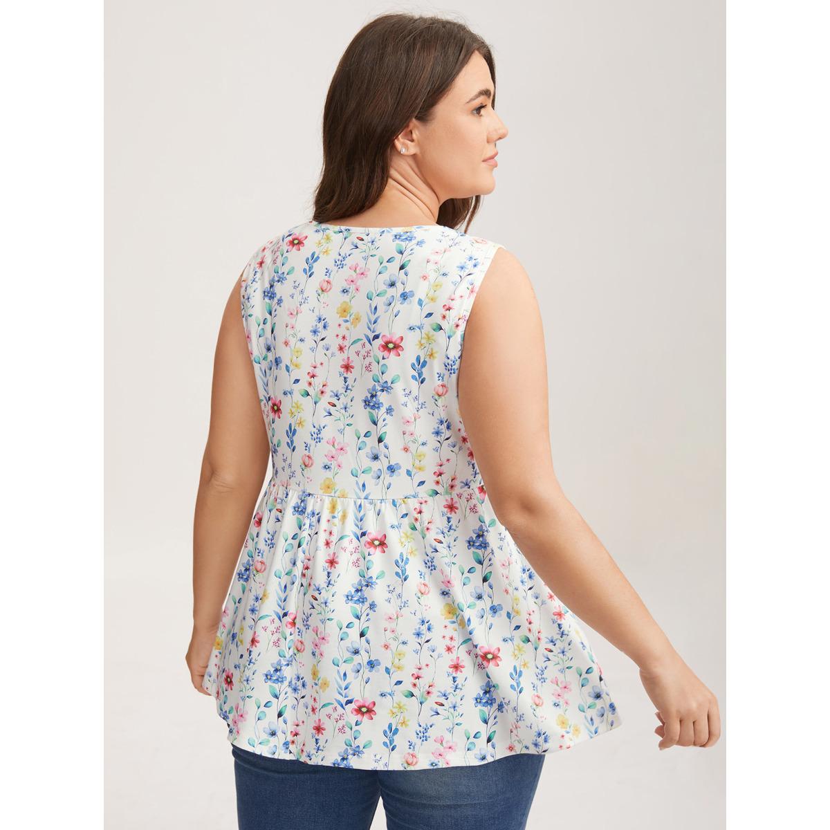 Plus Size Floral Print Stretchy Colorful Babydoll Top Women WhiteSmoke Leisure Gathered Round Neck Casual Tank Tops Camis BloomChic 18-20/2X Product Image