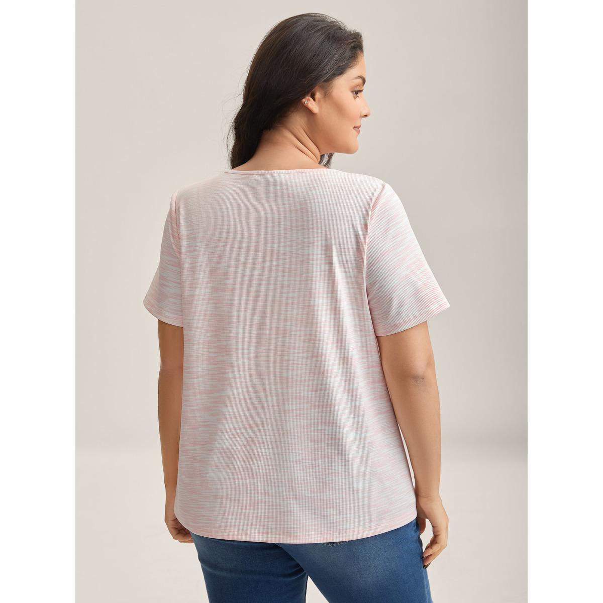 Plus Size Heather Neck Keyhole Solid T-Shirt Lightpink Women Texture V-neck Everyday-Casual T-shirts BloomChic 10/M Product Image