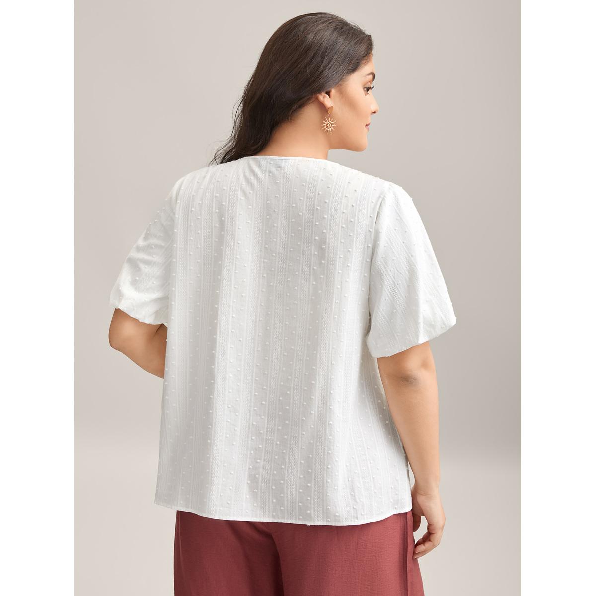 Plus Size WhiteSmoke Pure Cotton Puff Sleeve Button Blouse Women Half Sleeve Round Neck Vacation Blouses BloomChic 12/L Product Image