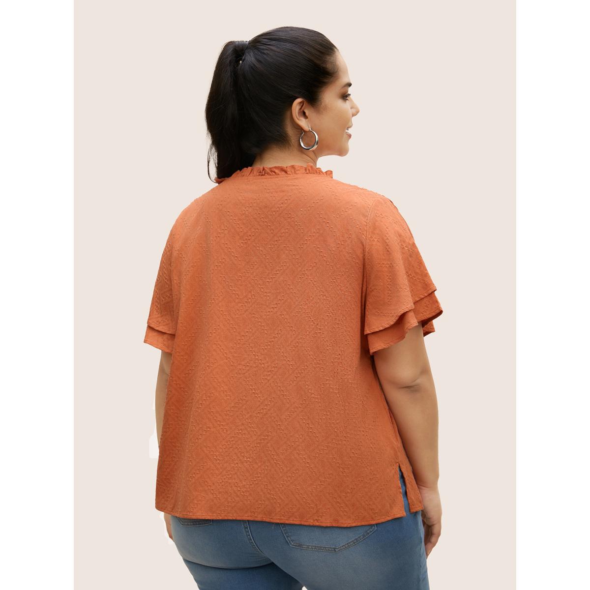 Plus Size OrangeRed Texture Tiered Ruffles Gathered Frill Trim Blouse Women Casual Short sleeve Notched collar Everyday Blouses BloomChic 26/4X Product Image