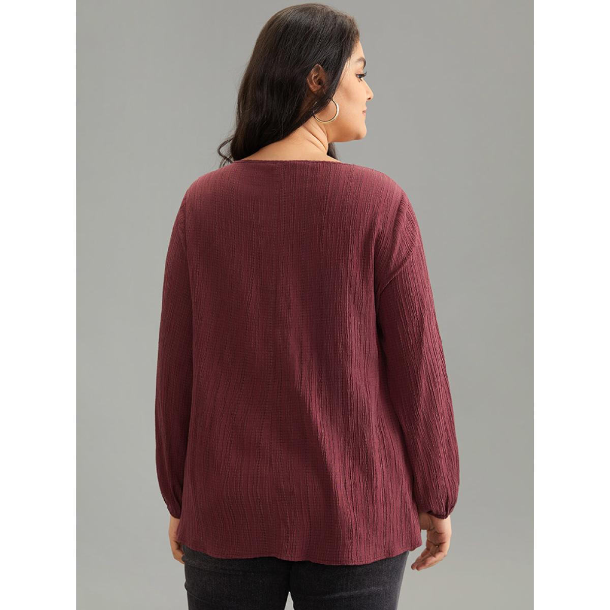 Plus Size Burgundy Solid Crochet Lace Button Detail Blouse Women Elegant Long Sleeve V-neck Dailywear Blouses BloomChic 12/L Product Image