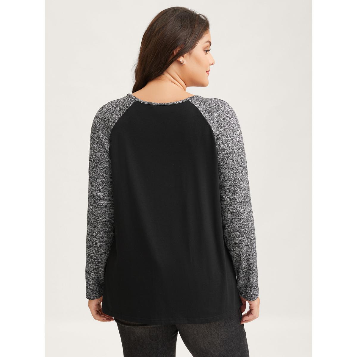Plus Size Heather Patchwork Button Detail Stretchy T-Shirt Black Women Casual Contrast Flat collar with V-notch Everyday T-shirts BloomChic 22-24/3X Product Image