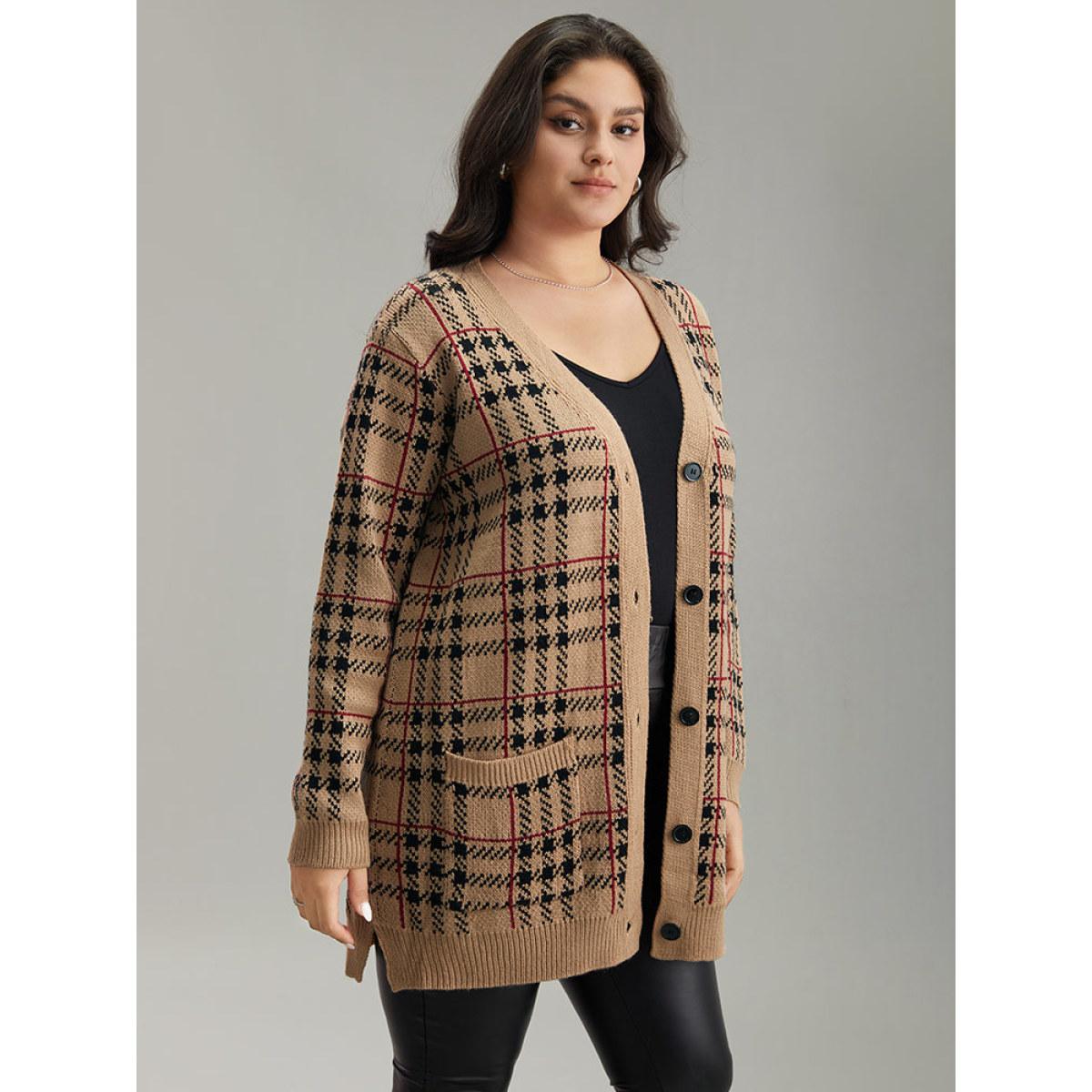 Plus Size Plaid & Houndstooth Print Patched Pocket Cardigan Multicolor Women Casual Loose Long Sleeve Dailywear Cardigans BloomChic 28/5X Product Image