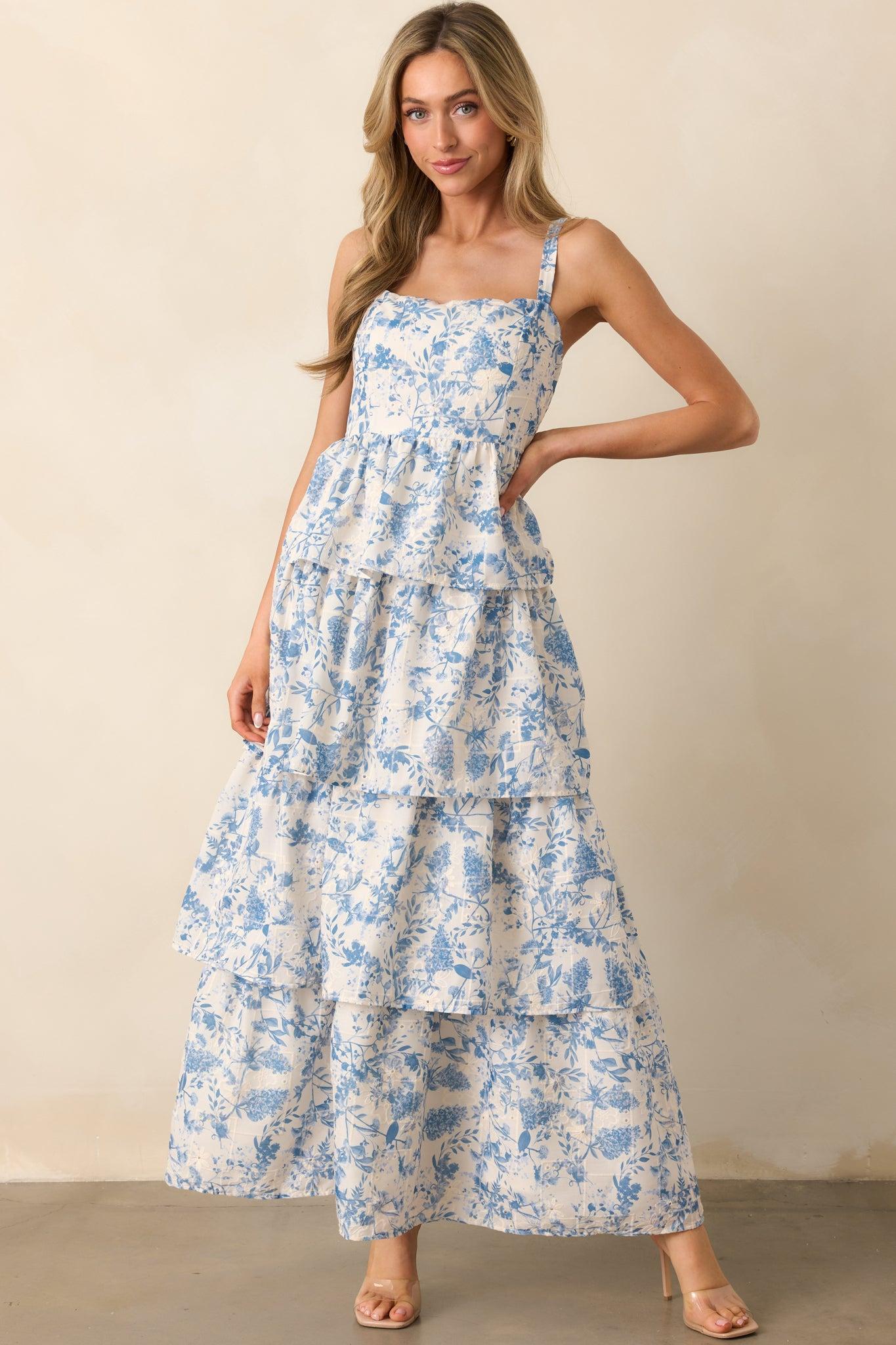 Happy To Be Here Blue Floral Embroidered Eyelet Maxi Dress Product Image