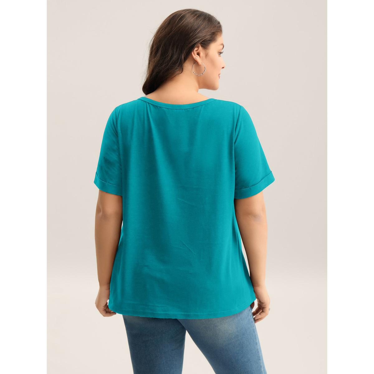 Plus Size Solid Split Neck Button Detail T-Shirt Cerulean Women Leisure Button Notched collar Casual T-shirts BloomChic 28/5X Product Image