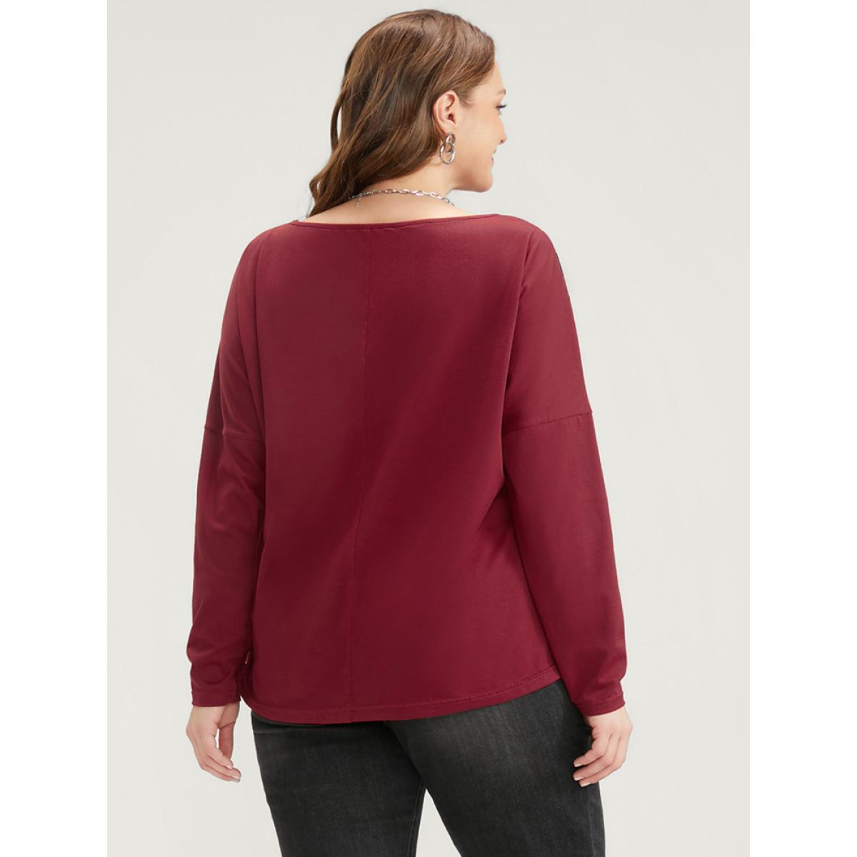 Plus Size Solid Round Neck Contrast Lace Long Tee Red Women Elegant Lace Plain Round Neck Dailywear T-shirts BloomChic 14-16/1X Product Image