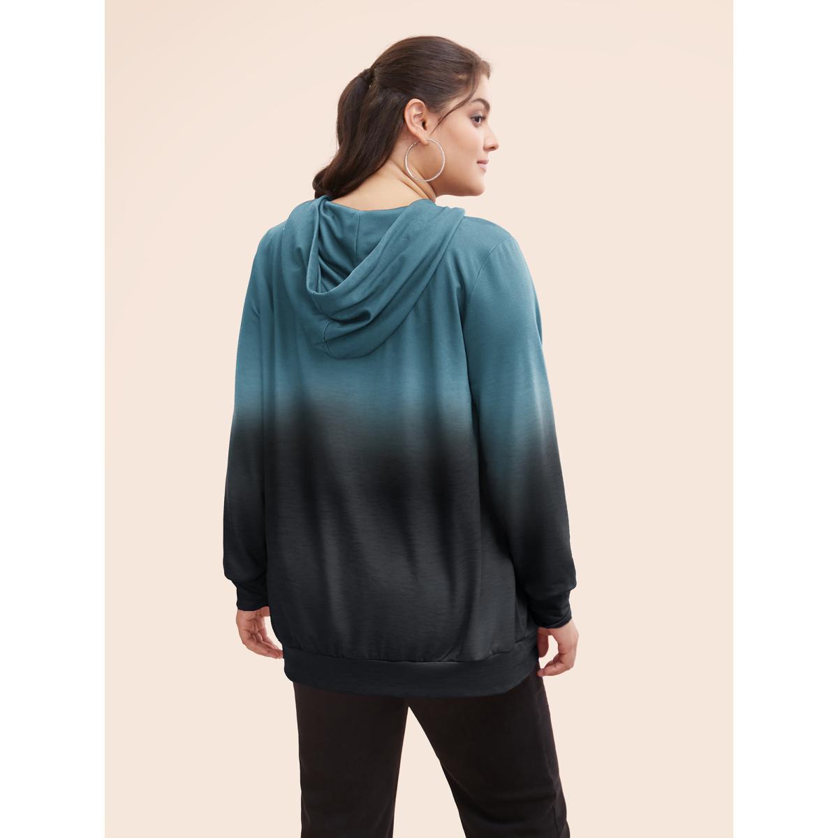 Plus Size Ombre Pocket Drawstring Hooded Sweatshirt Women Teal Casual Elastic cuffs Hooded Everyday Sweatshirts BloomChic 14-16/1X Product Image