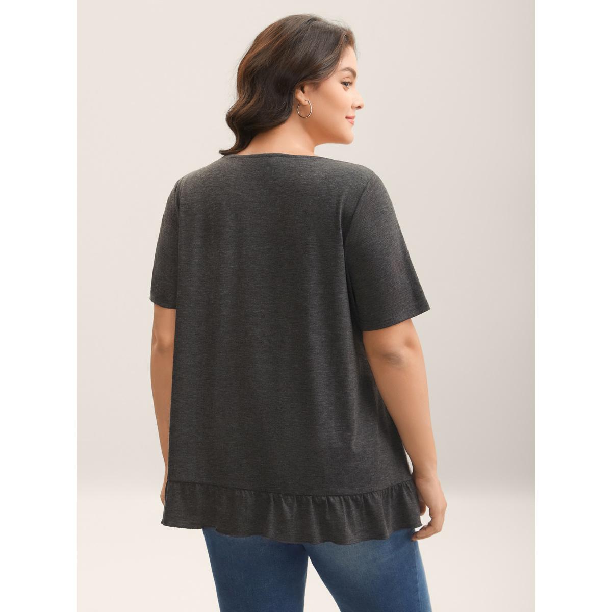 Plus Size Button Detail Ruffled Hem Babydoll T-Shirt DimGray Women Gathered Round Neck Everyday-Casual T-shirts BloomChic 28/5X Product Image