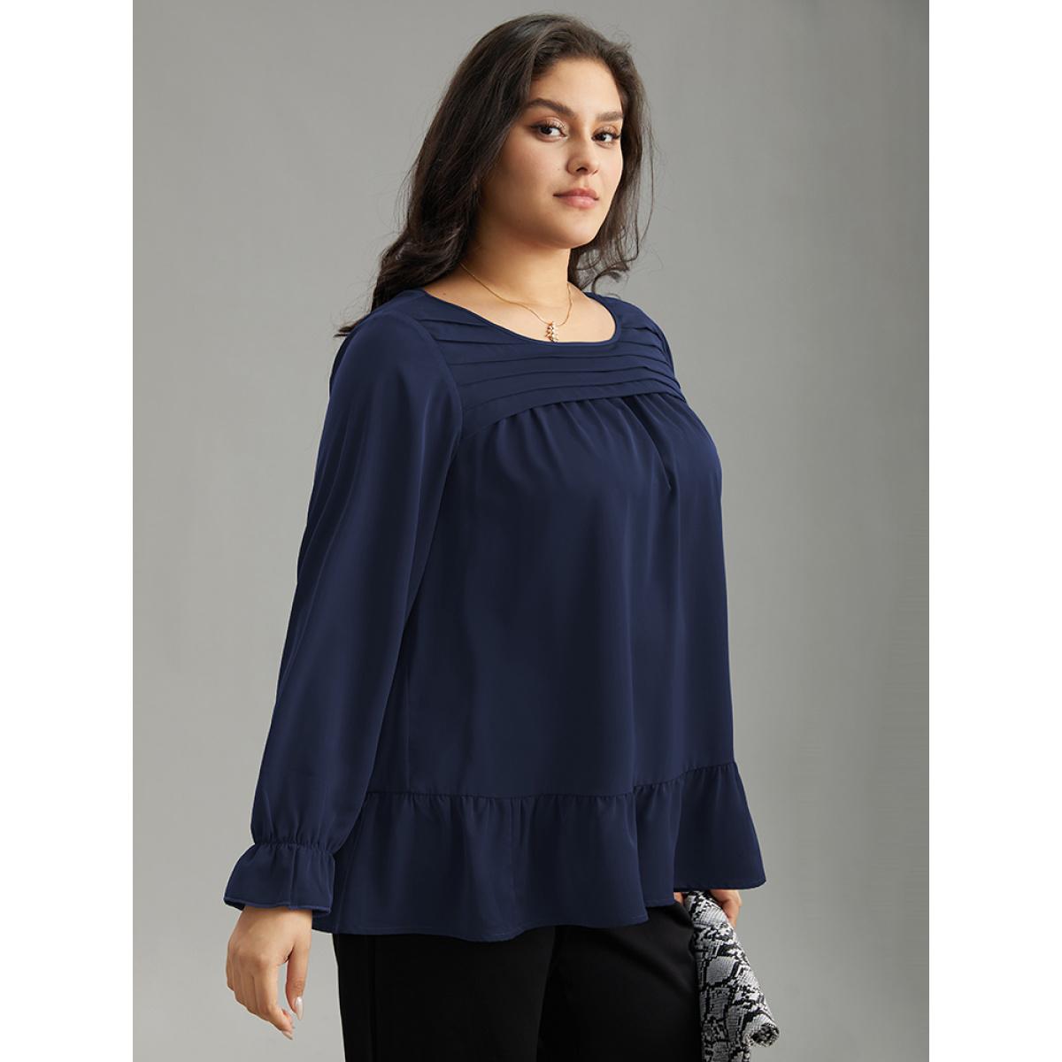 Plus Size Indigo Static-Free Plain Pleated Ruffles Lantern Sleeve Blouse Women Office Long Sleeve Round Neck Work Blouses BloomChic 12/L Product Image