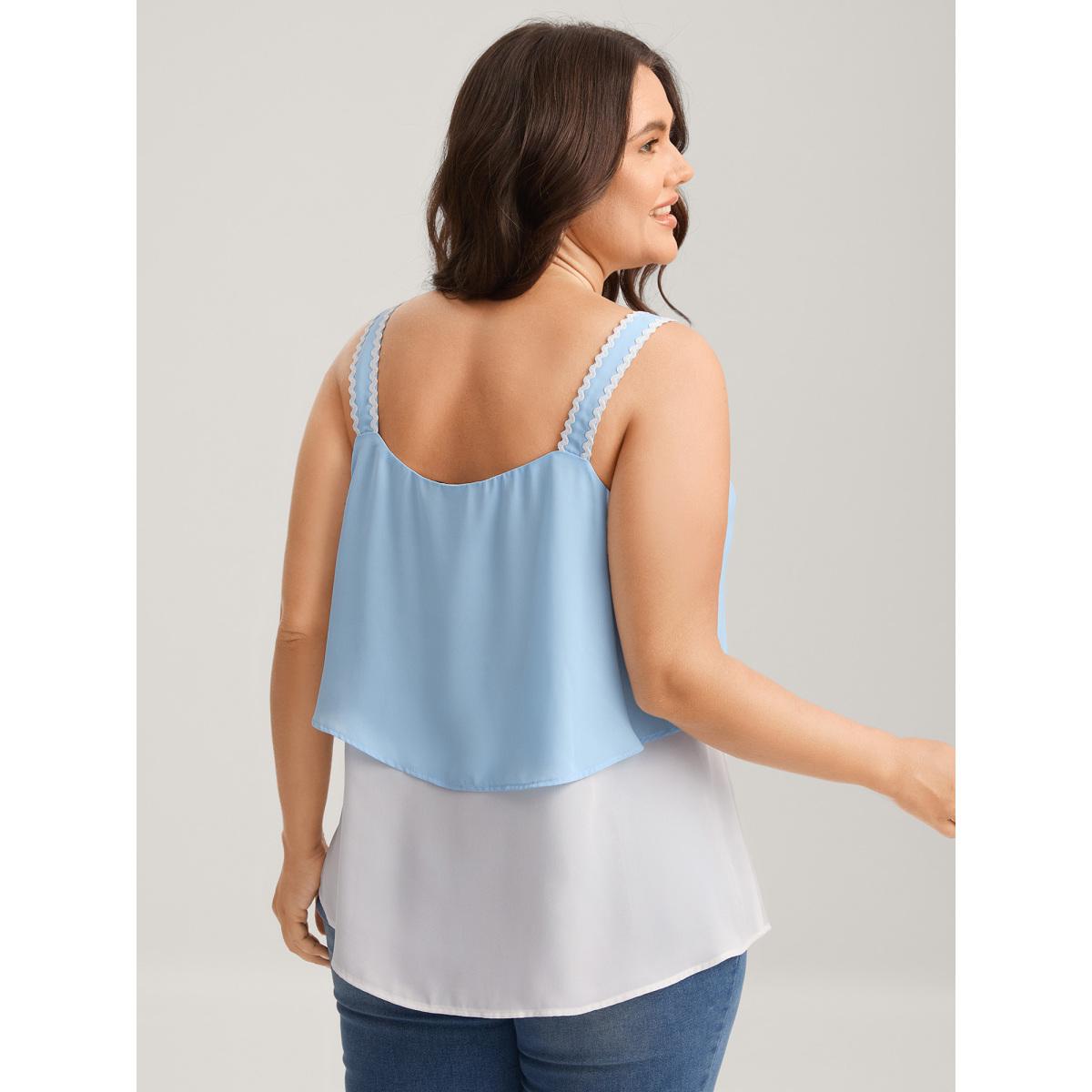 Plus Size Soft Color Contrast Ribbon Tank Top Women LightBlue Woven ribbon&lace trim Non Everyday-Elegant Tank Tops Camis BloomChic 14-16/1X Product Image