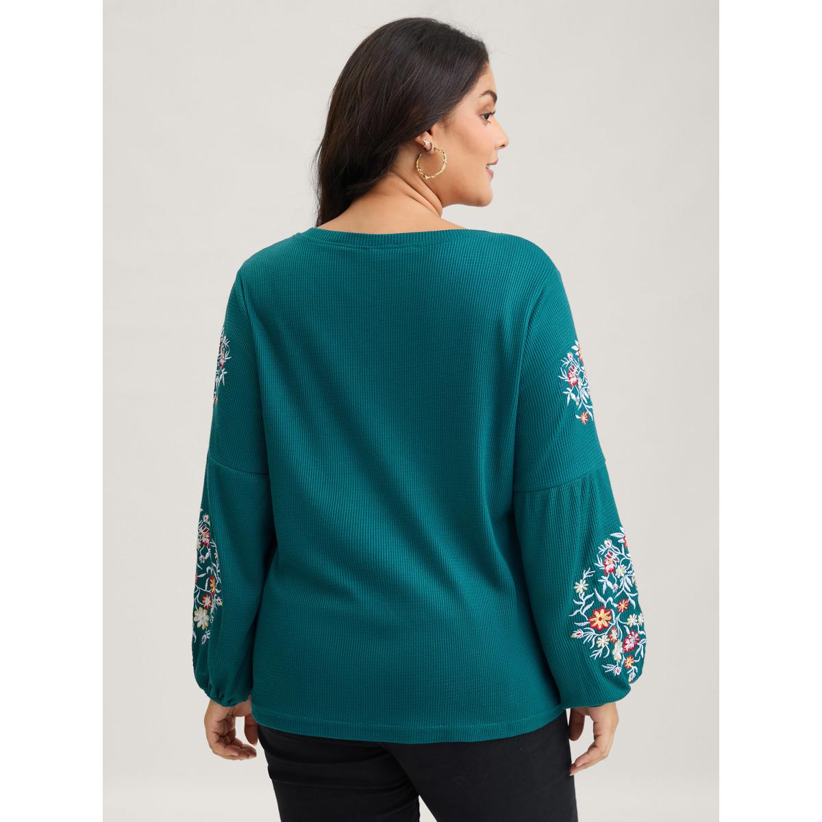 Plus Size Waffle Knit Floral Embroidered Lantern Sleeve T-shirt Cyan Women Leisure Texture Floral Round Neck Casual T-shirts BloomChic 30/6X Product Image