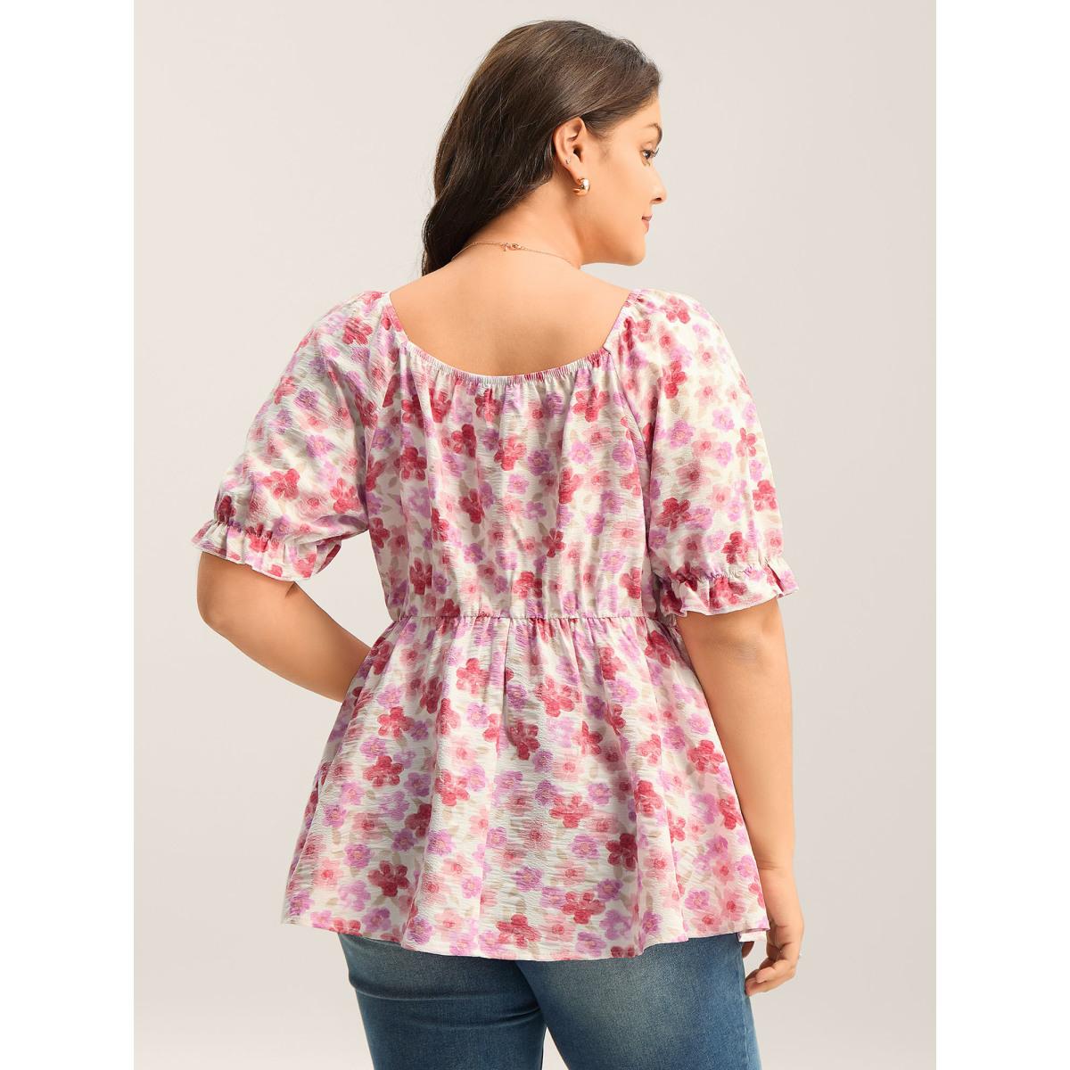 Plus Size Watermelon Floral Print Square Neck Tie Blouse Women Short sleeve Square Neck Everyday-Elegant Blouses BloomChic 28/5X Product Image