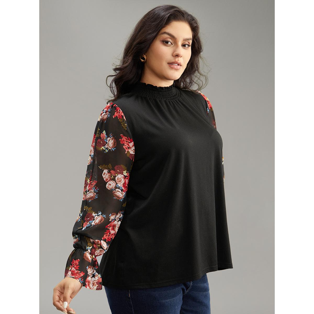 Plus Size Chiffon Floral Patchwork Shirred Mock Neck T-shirt Black Women Casual Elastic cuffs Floral Mock Neck Dailywear T-shirts BloomChic 10/M Product Image