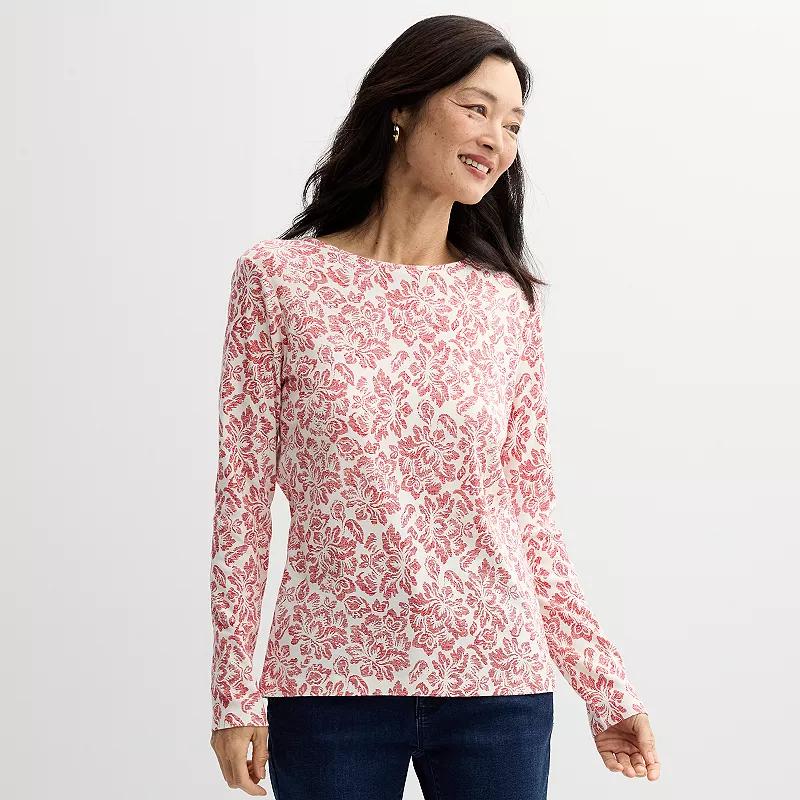 Petite Croft & Barrow® Crewneck Long-Sleeve Tee, Women's, Size: Medium Petite, Red Pink Tiny Blooms Product Image