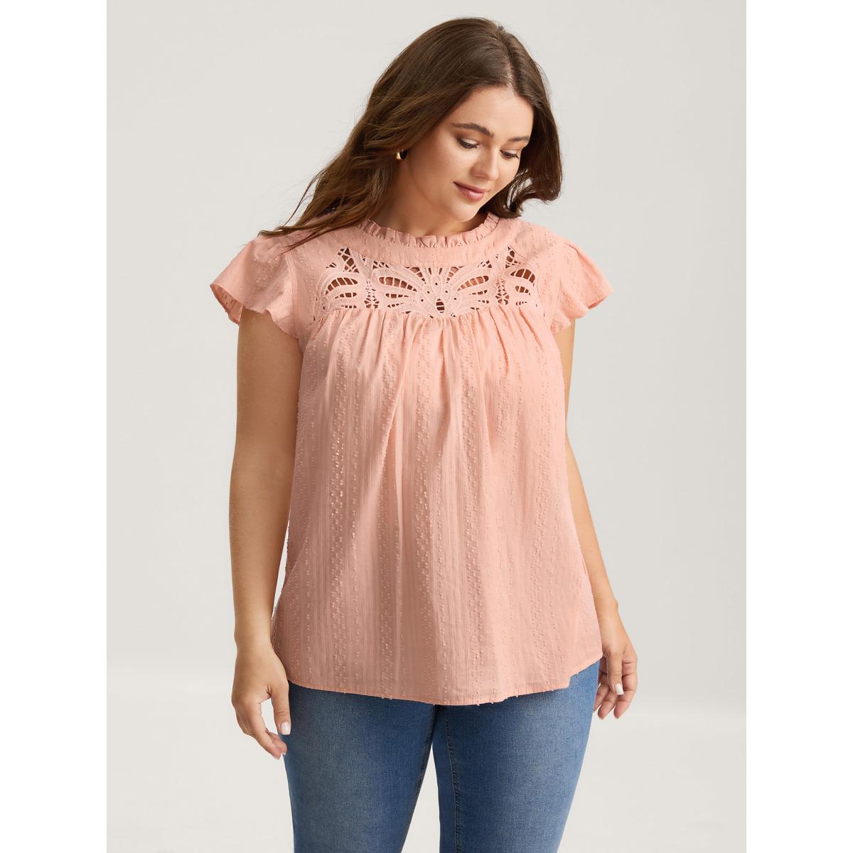 Plus Size Crepe Cotton Cut-Out Lace Ruffled Neck Blouse Women Romantic Cap Sleeve Round Neck Elegant Blouses BloomChic 14-16/1X Product Image