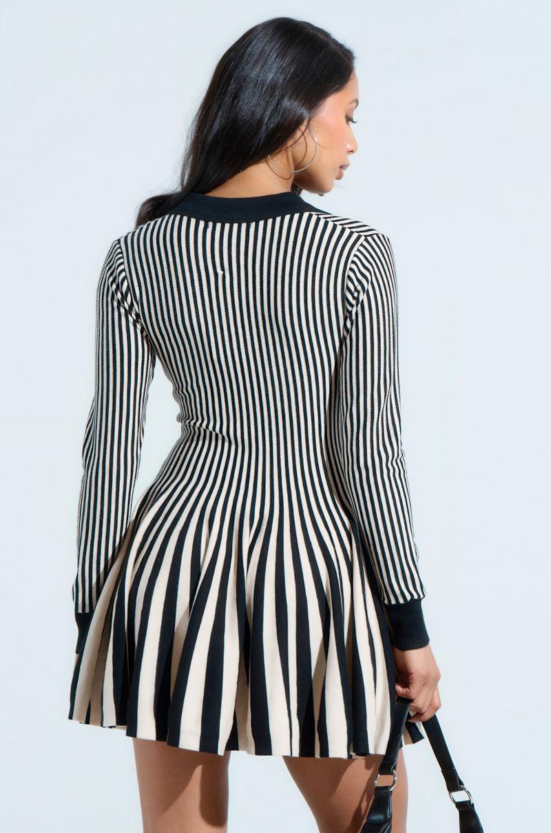 ALINA PLEATED KNIT FIT AND FLARE MINI DRESS WITH LONG SLEEVES Product Image