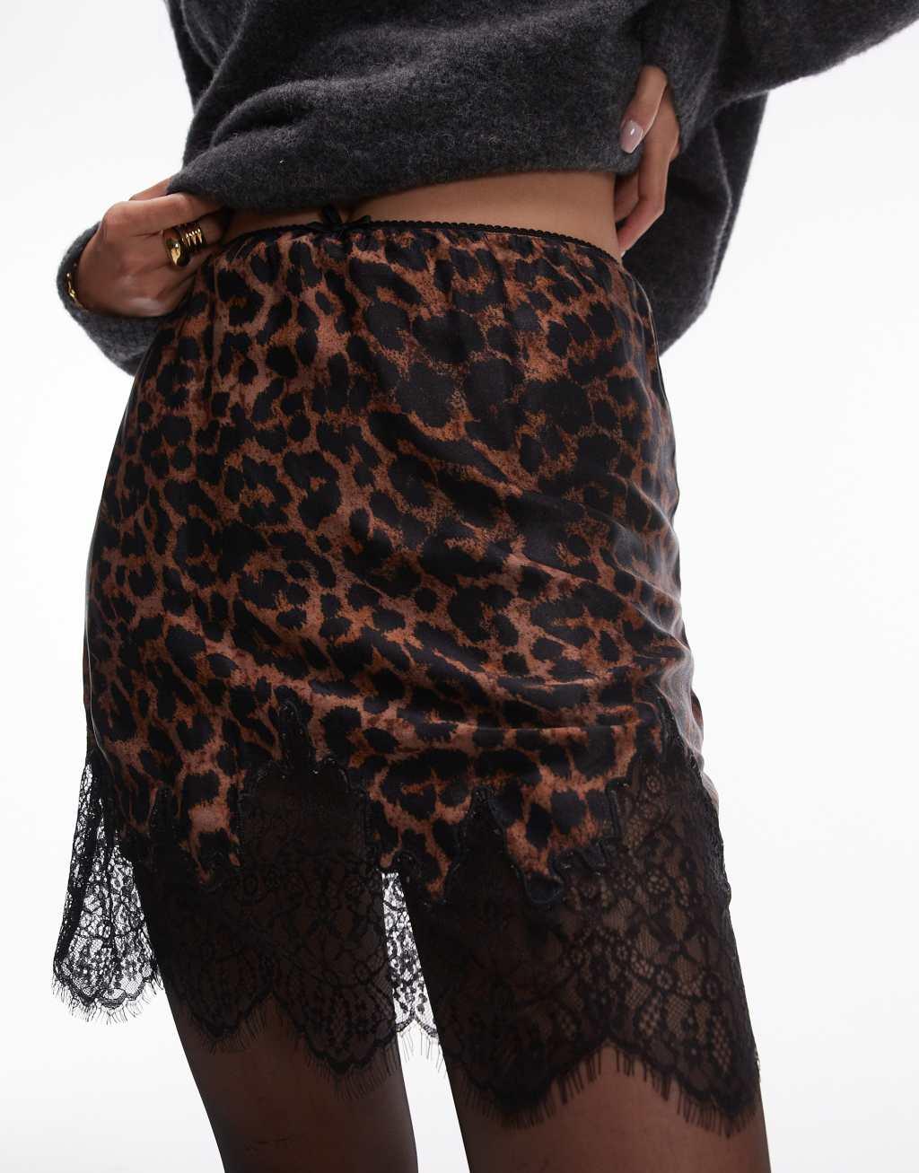 Topshop satin lace petticoat in leopard with black lace Product Image