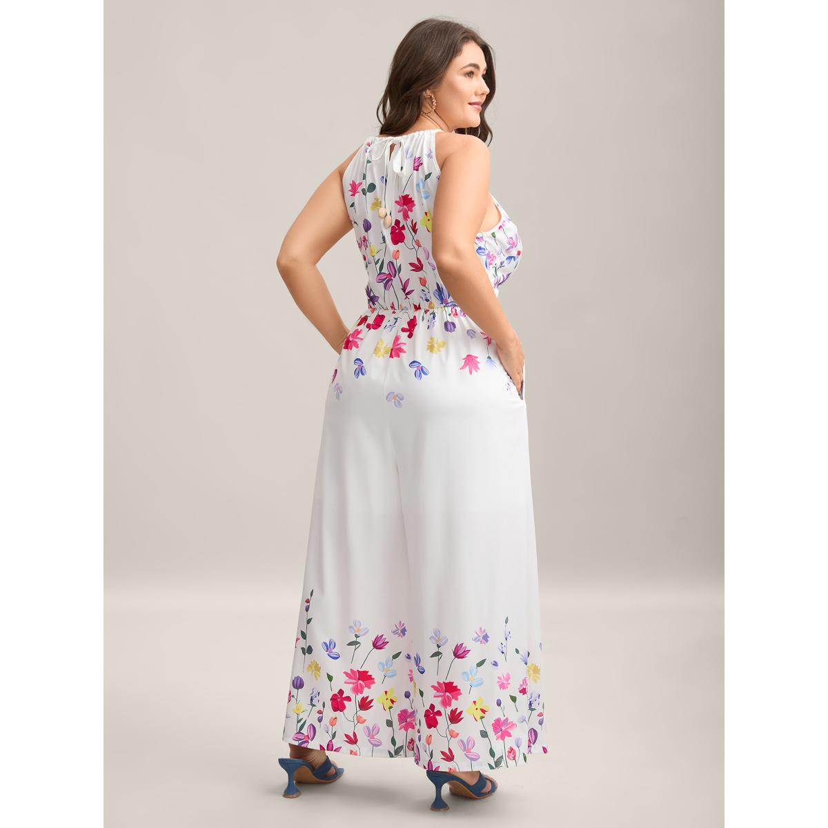 Plus Size WhiteSmoke Floral Dance Halter Neck Wide-Leg Jumpsuit Women Sleeveless Halter neck Everyday-Elegant Loose Jumpsuits BloomChic 14-16/1X Product Image