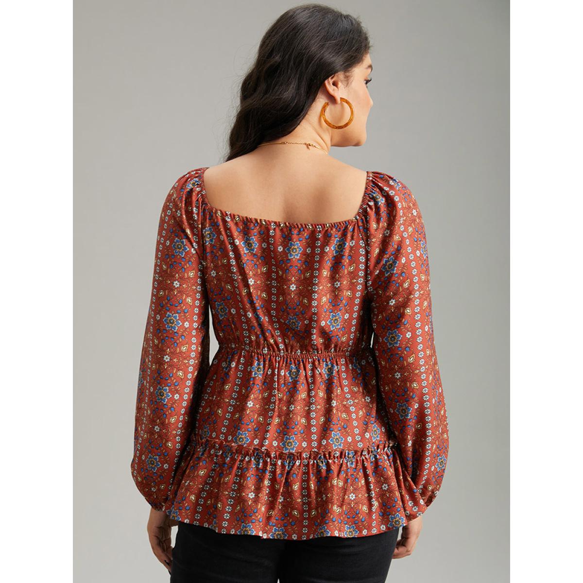 Plus Size Scarlet Boho Print Shirred Tiered Ruffles Blouse Women Vacation Long Sleeve Square Neck Dailywear Blouses BloomChic 14-16/1X Product Image