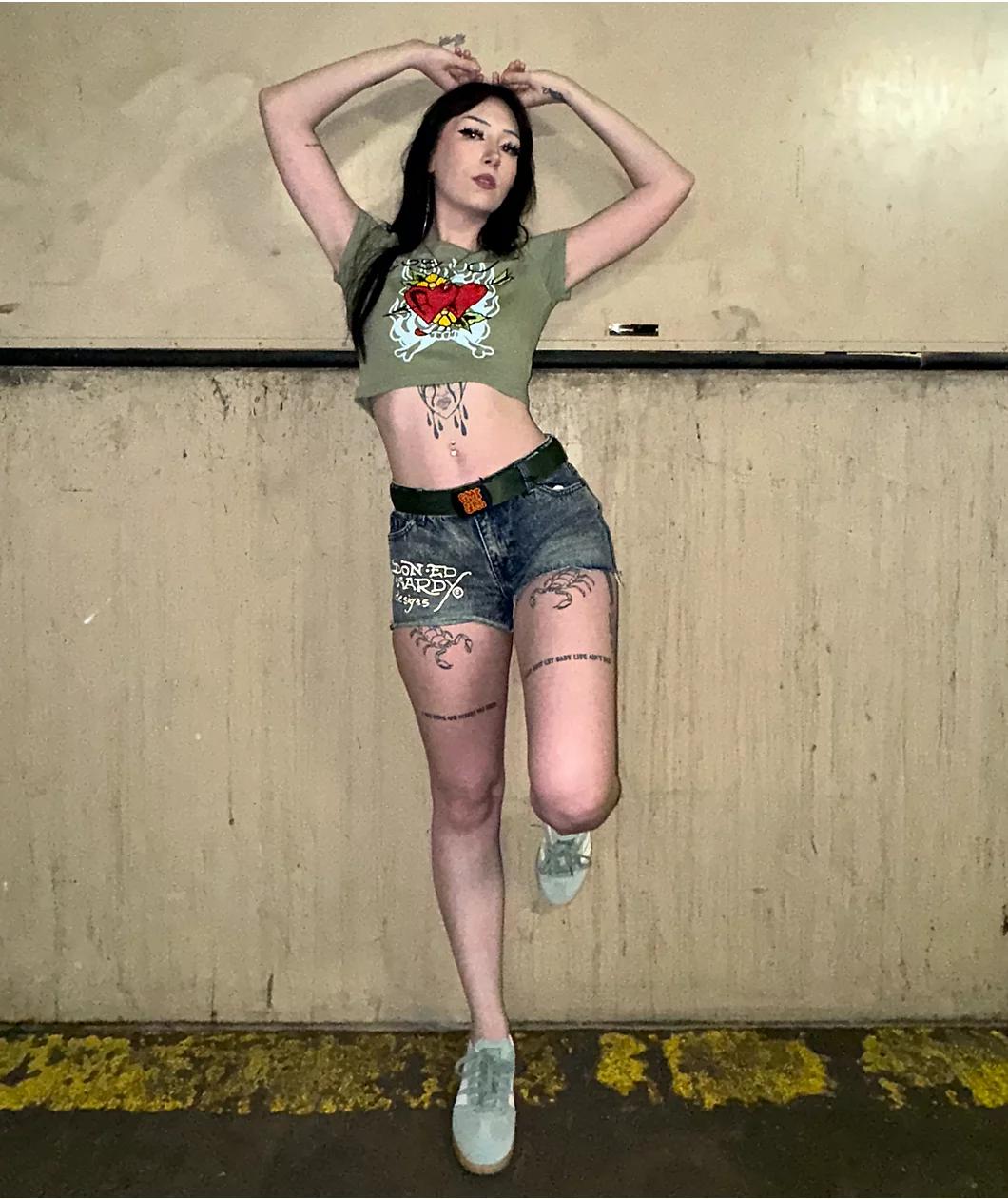 Ed Hardy Heart Dagger Blue Wash Denim Cutoff Shorts Product Image