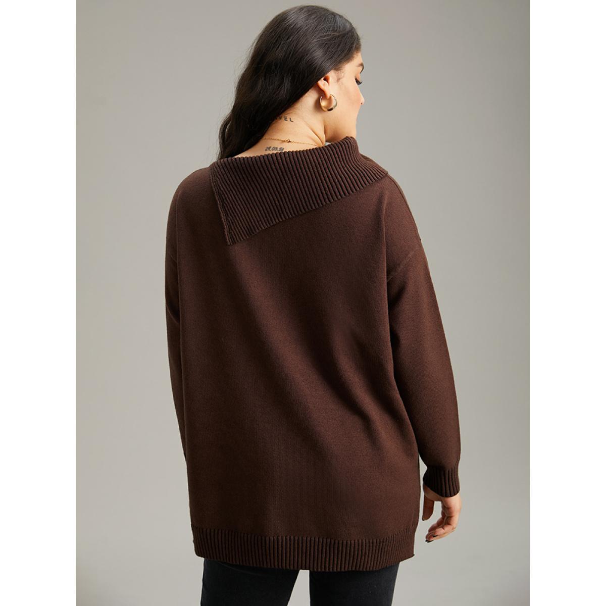 Plus Size Supersoft Essentials Asymmetrical Neck Button Detail Pullover DarkBrown Women Leisure Loose Long Sleeve Asymmetrical Neck Casual Pullovers BloomChic 12/L Product Image