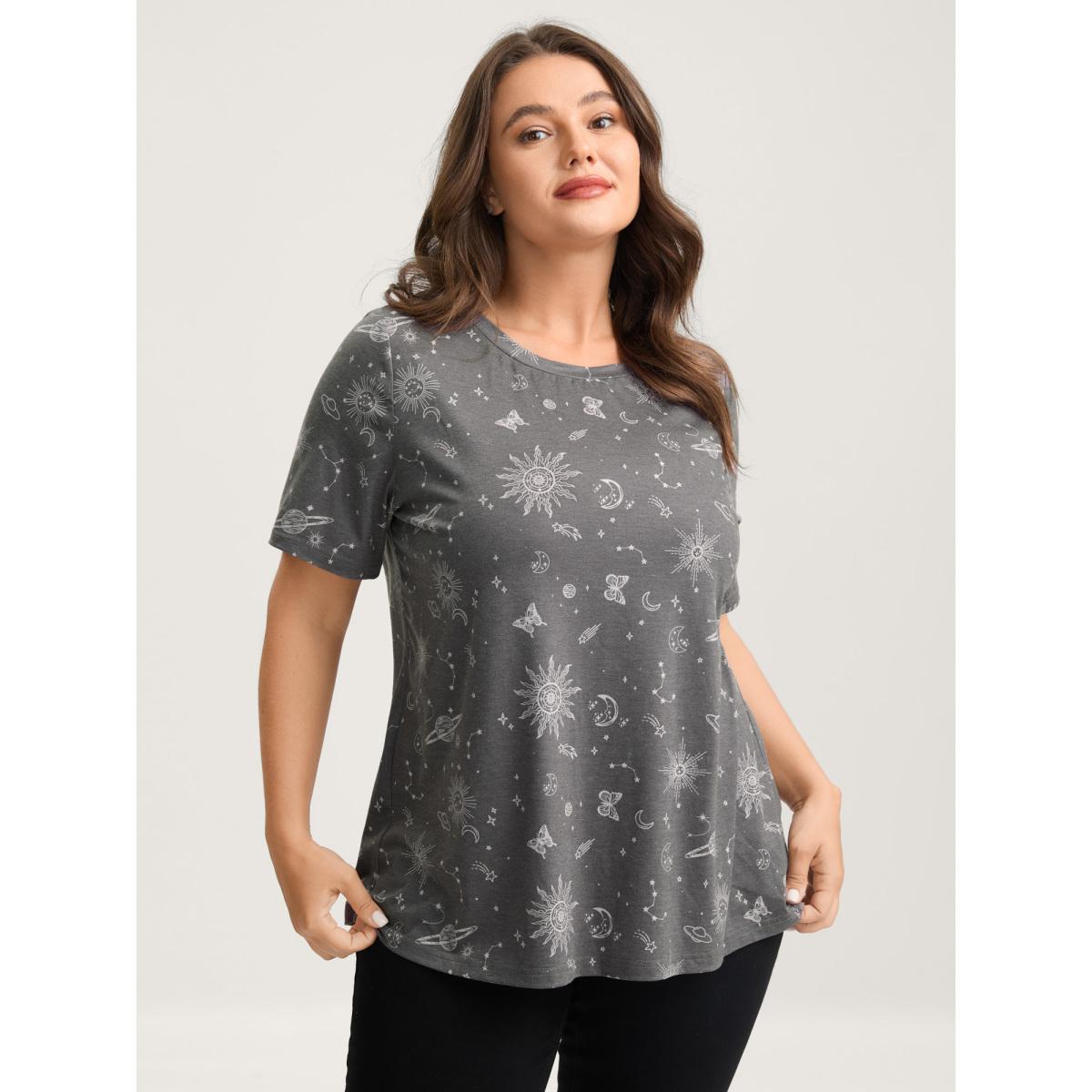 Plus Size Celestial Print Crew Neck T-Shirt DimGray Women Leisure Non Round Neck Casual T-shirts BloomChic 12/L Product Image