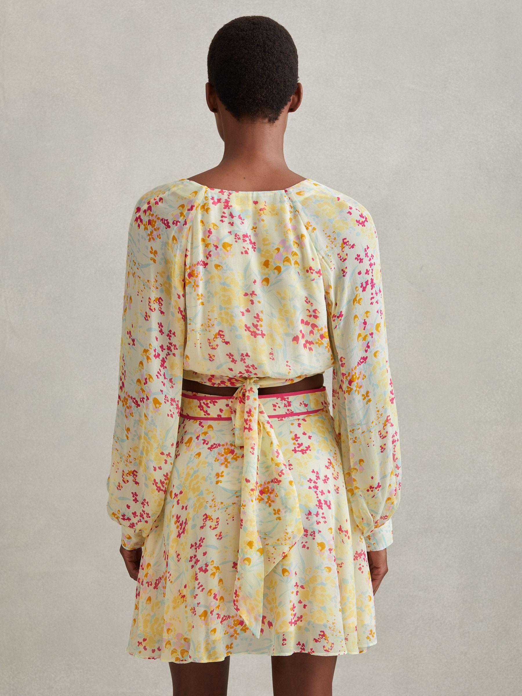 Floral Print Tie Waist Cropped Blouse in Pink/Yellow Product Image