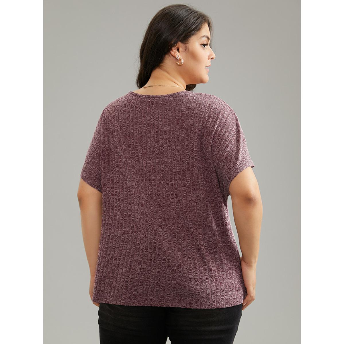 Plus Size Plisse Surplice Neck Batwing Sleeve T-shirt Burgundy Women Elegant Texture Plain Overlap Collar Dailywear T-shirts BloomChic 22-24/3X Product Image