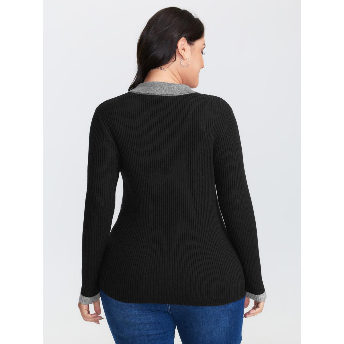 Plus Size Polo Neck Contrast Metal Buttons Pullover Black Women Leisure Bodycon Long Sleeve Polo Casual Pullovers BloomChic 22-24/3X Product Image