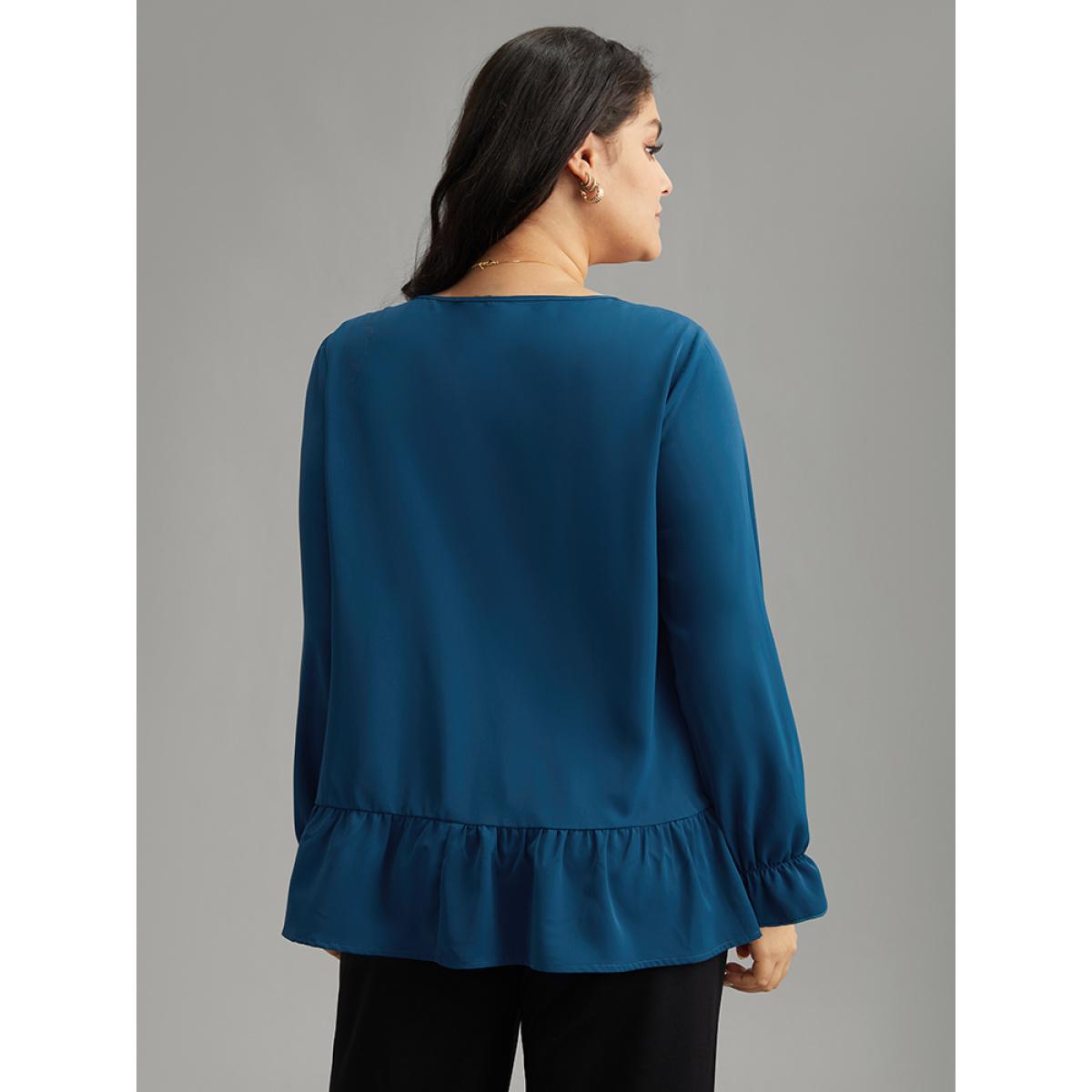 Plus Size Aegean Static-Free Plain Pleated Ruffles Lantern Sleeve Blouse Women Office Long Sleeve Round Neck Work Blouses BloomChic 30/6X Product Image