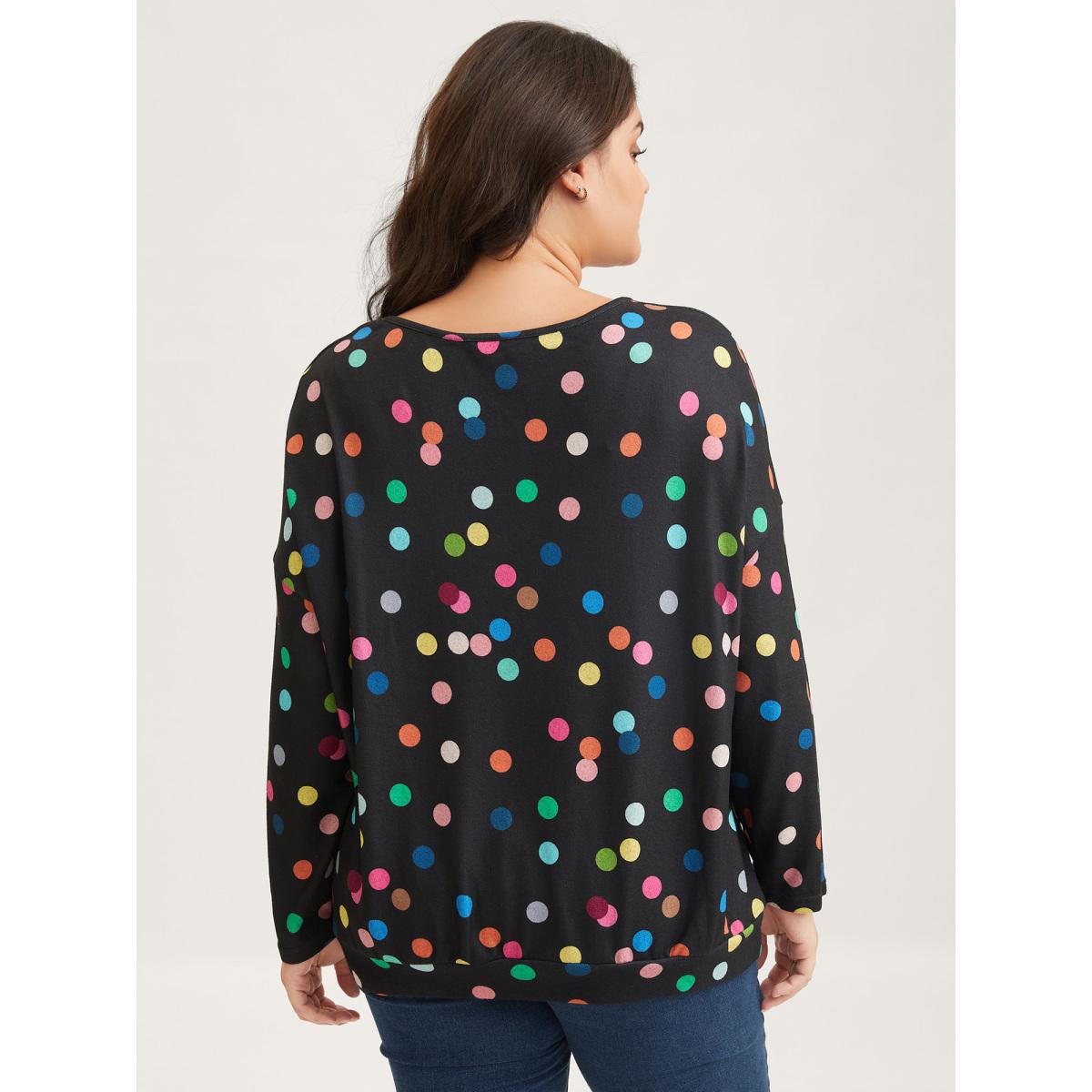Plus Size Color Polka Dot Drop Shoulder T-Shirt Black Women Playful Contrast Round Neck Casual T-shirts BloomChic 28/5X Product Image