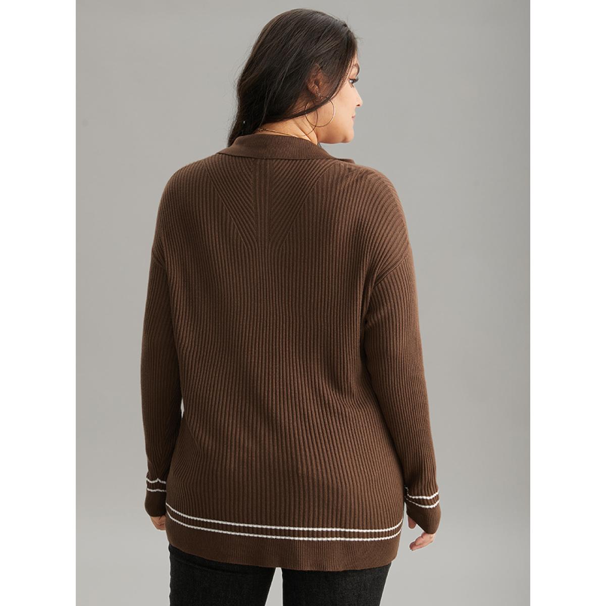 Plus Size Supersoft Essentials Polo Striped Contrast Pullover Maroon Women Casual Loose Long Sleeve Polo Dailywear Pullovers BloomChic 14-16/1X Product Image