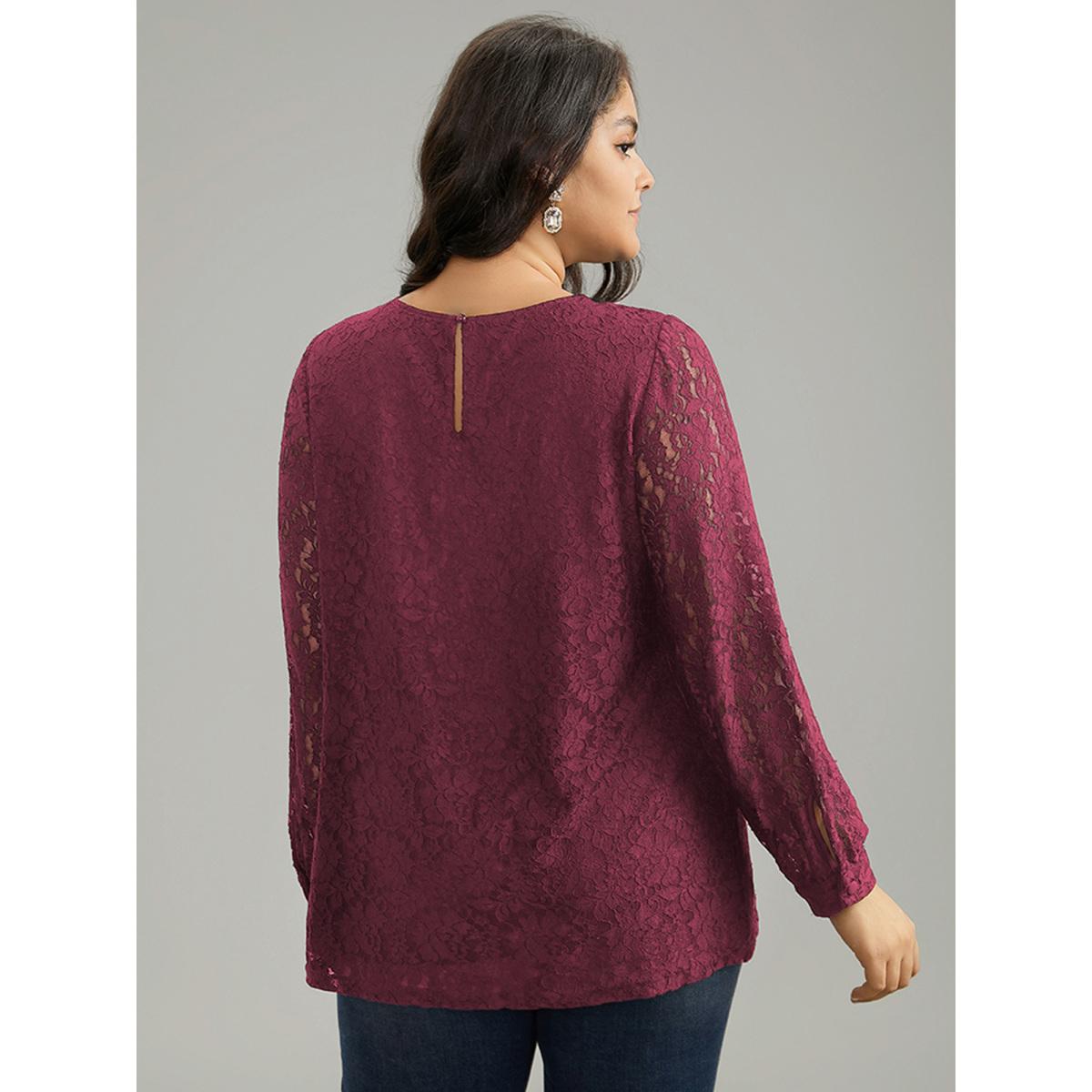 Plus Size Purple Solid Crochet Lace Mesh Crew Neck Blouse Women Timeless Long Sleeve Round Neck Elegant Blouses BloomChic 22-24/3X Product Image